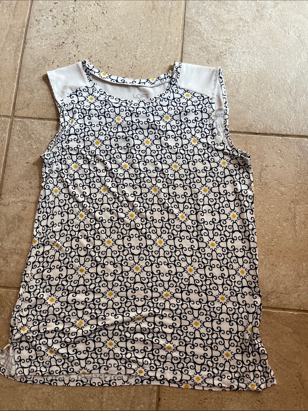 LOFT White Navy & Yellow Scroll Print Sleeveless Shell